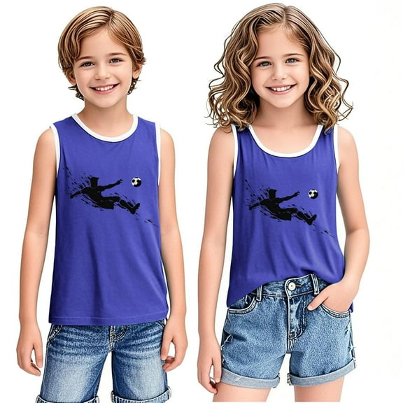 BLTIBY 2025 Girls Boys Tank Top Summer Sleeveless Funny T Shirt for Teen Infant Toddler Printed Round Neck Fashion Casual Tee Blouse Blue 10-11 Years