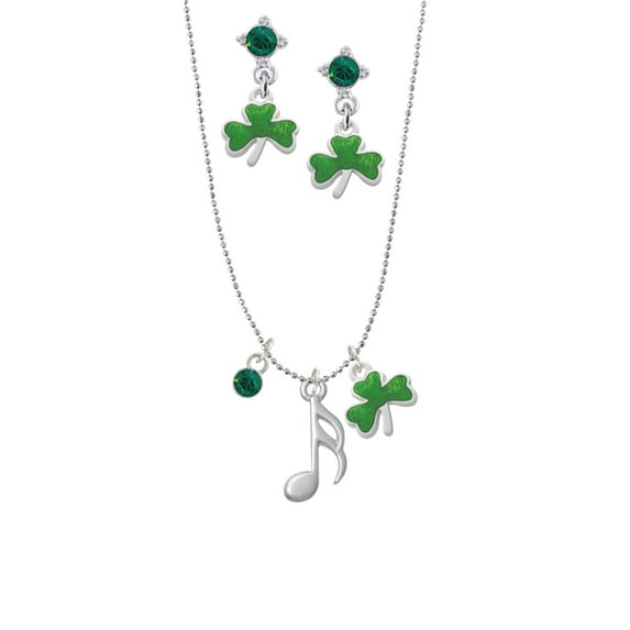 Delight Jewelry Silvertone Sixteenth Note Green Shamrock Necklace and Clover Earrings Jewelry Set