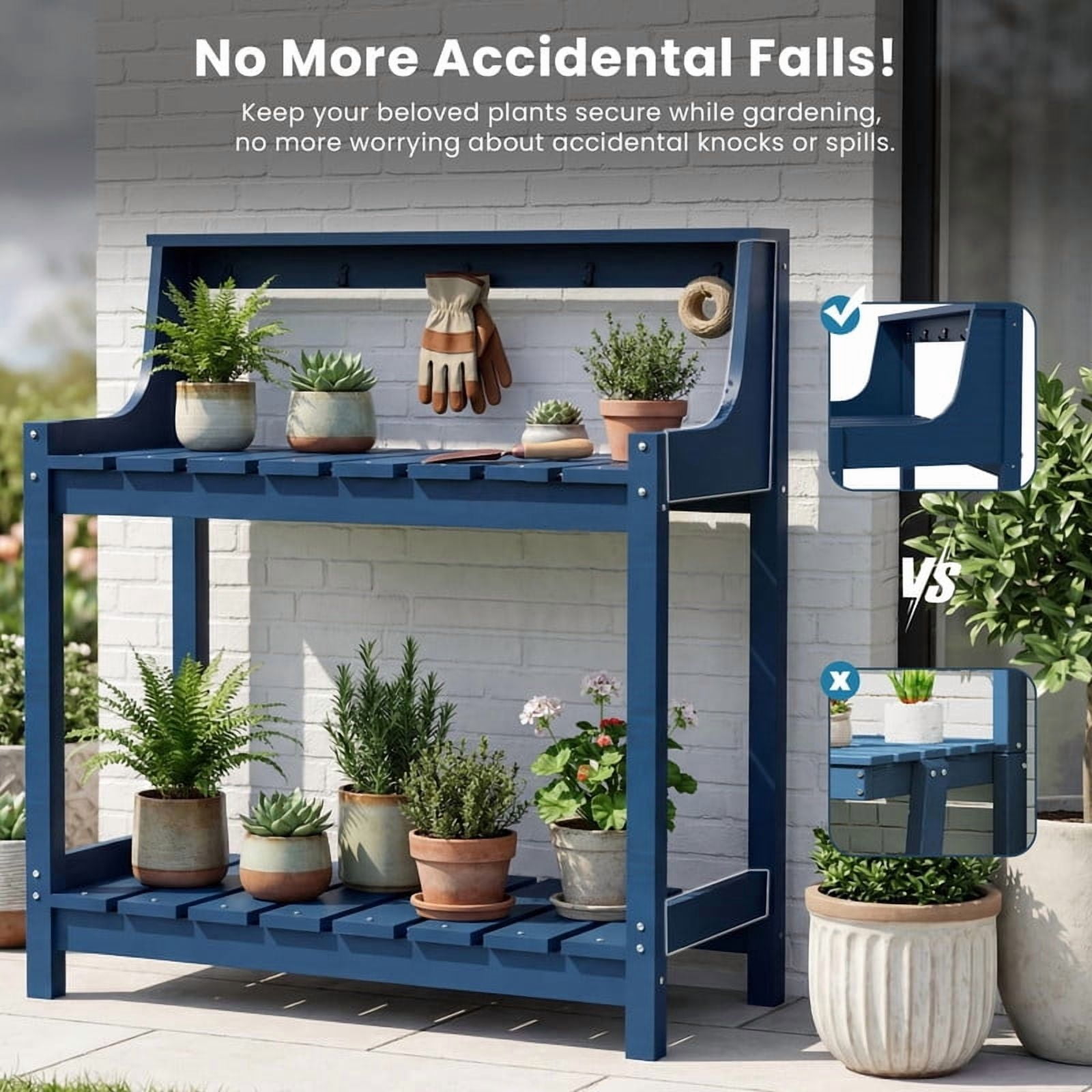Howcool HDPE Outdoor Potting Bench with Storage & Hooks, 3-Tier Heavy-Duty Garden Workstation Table, All-Weather Potting Table for Patio & Backyard, Blue
