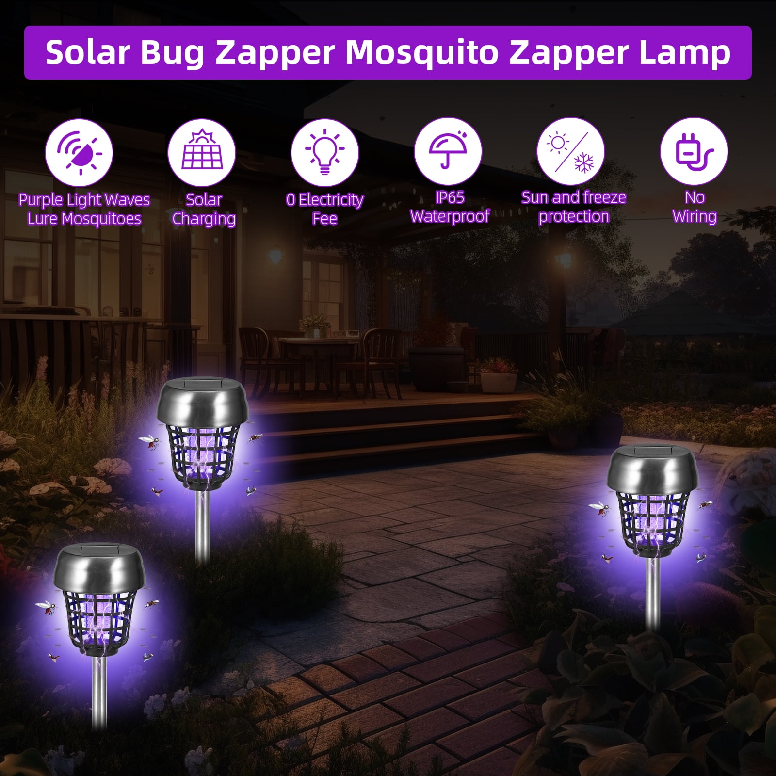 KingFurt Solar Bug Zapper Outdoor & Patio Mosquito Killer, 4-Pack Stainless Steel, Waterproof Lighting Lamp
