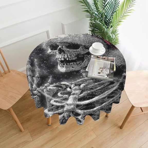 RKSupls 60 Inch Round Tablecloth, Skeleton Santa Snowflakes Premium Polyester Straight Edge Wrinkle Resistant Washable Table Cover for Party Home Dining Decor