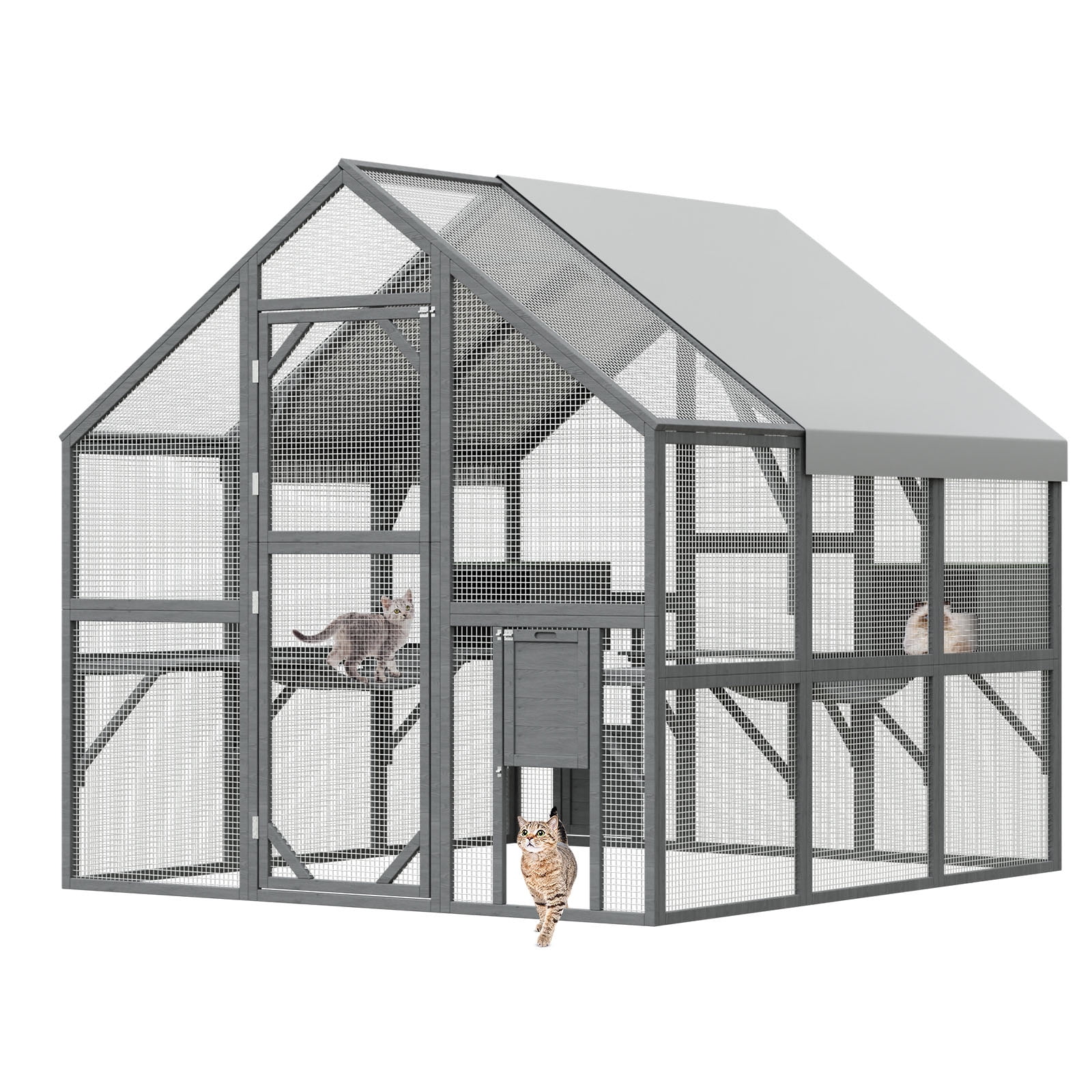 NARTRU 43ft2 Large Wooden Outdoor Cat House, Walk in Cat Catio Cage with Enter Door, 2 Cat Doors, Roof Cover
