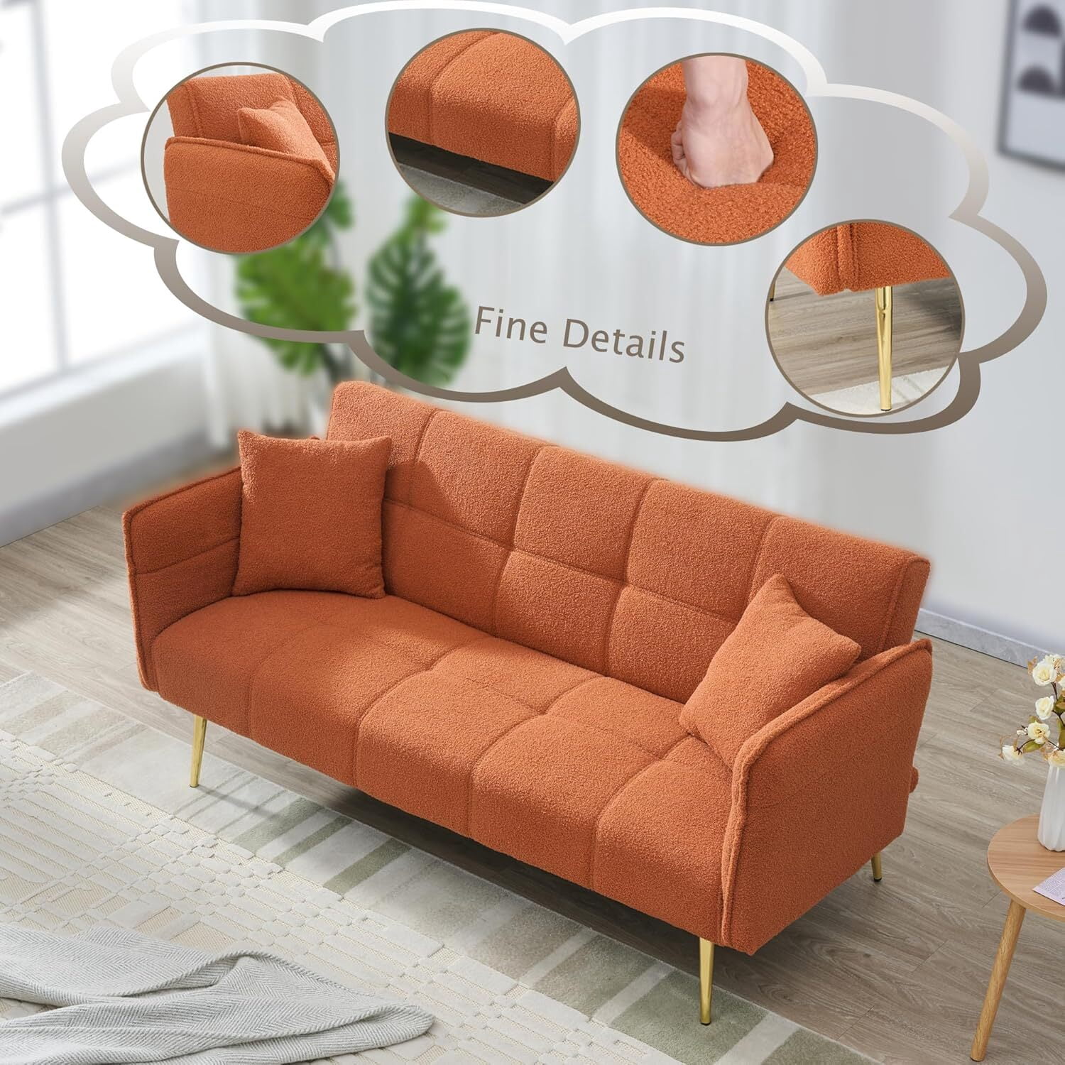 AENKYO 70-in Teddy Velvet Foldable Futon Sofa Bed, 3-in-1 Adjustable Sleeper Couch, Orange