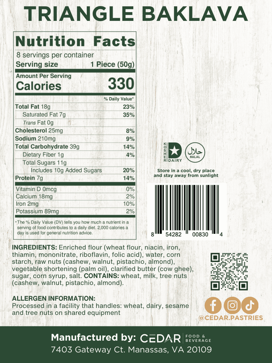 Cedar Pastries 32 oz Triangle Baklava – Mediterranean Phyllo Pastry Dessert with Cashews, Almonds & Walnuts