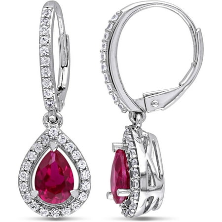 2-7/8 Carat T.G.W. Created Ruby and Created White Sapphire Sterling Silver Teardrop Leverback Earrings