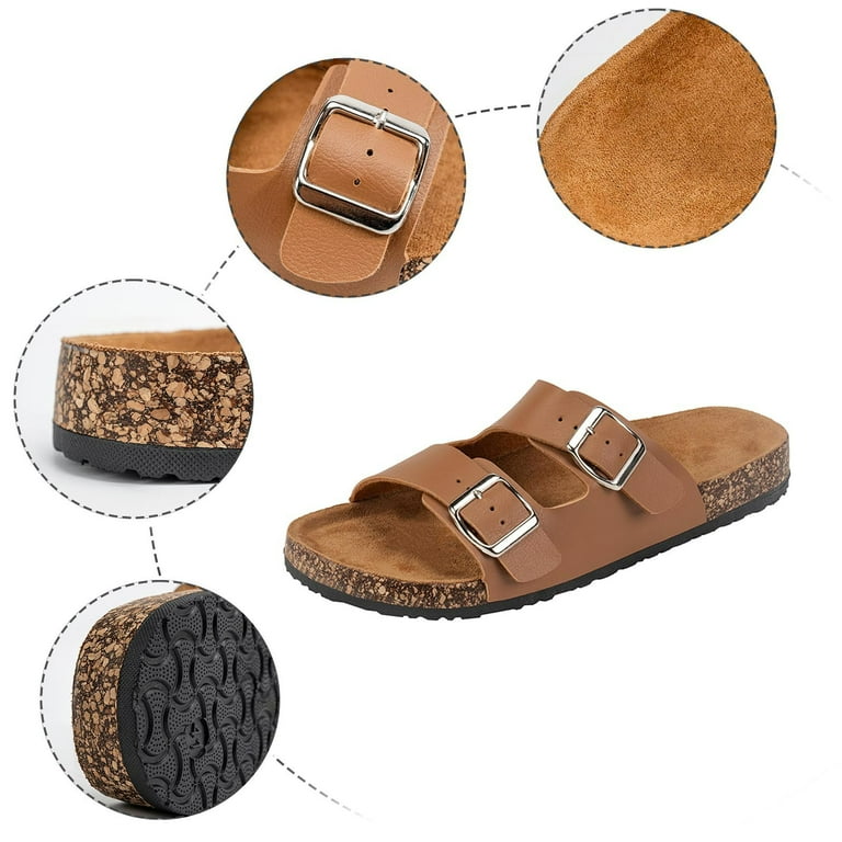 Women Slide Sandals Brown Gold Buckle Flat Summer Casual Size 10 Wide Fit Summer Flat Sandals | Marbella Buckle Comfort main image 3