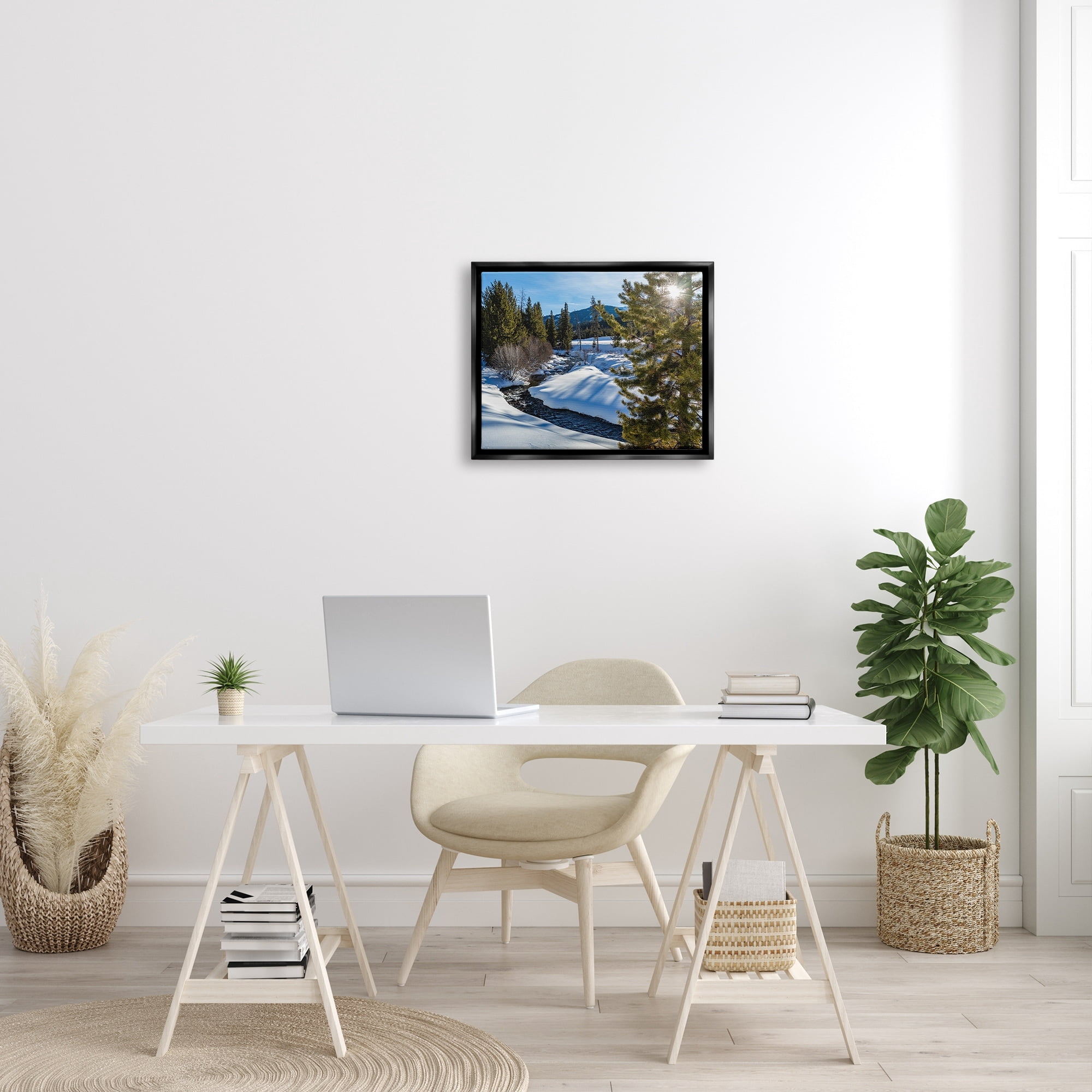 Stupell Industries River Flowing Between Snowy Slopes Distant Mountain Photograph Metallic Gold Floating Framed Canvas Print Wall Art, Design by Steve Smith