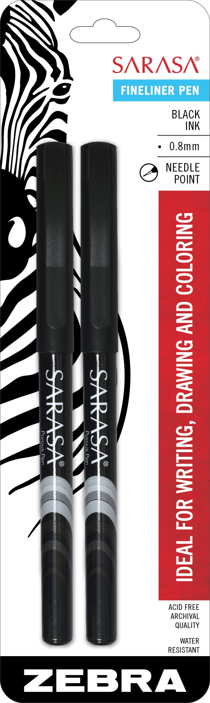 Zebra Pen Sarasa Fineliner Pen, Needle Point, 0.8mm, Black, 2-Pack