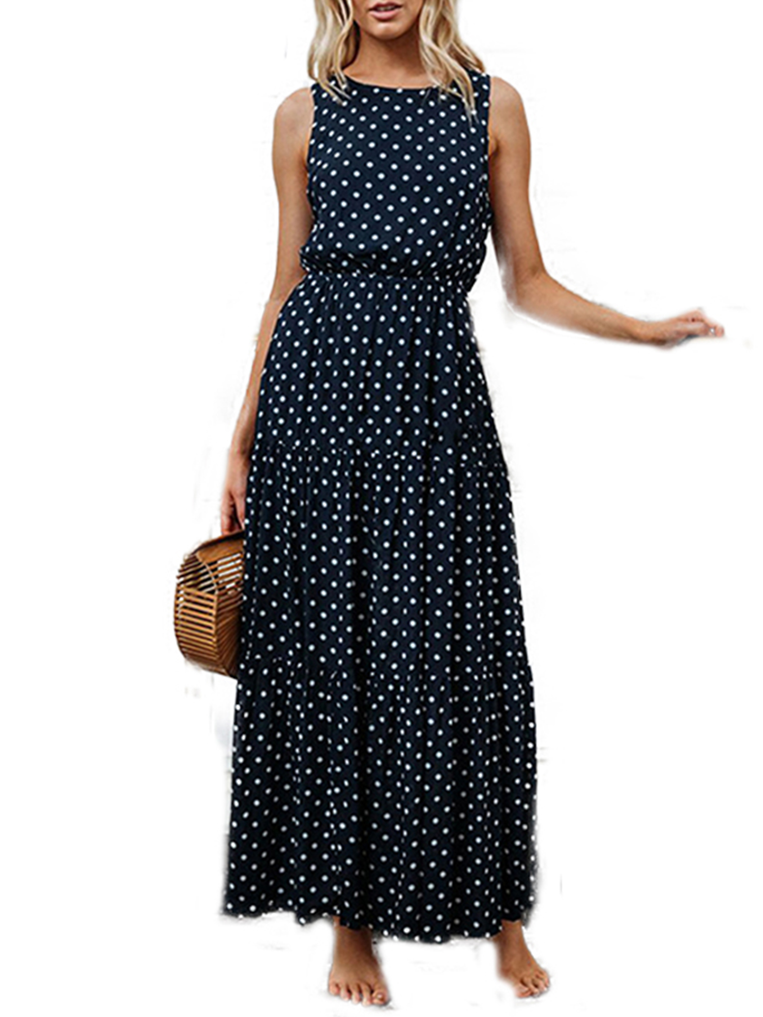 Wodstyle - Women's Polka Dot Sleeveless Evening Party Maxi Dress ...