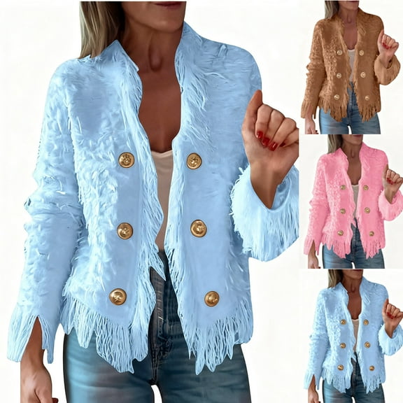 Pounoo Womens Tops Tweed Tassel Jackets Dressy Open Front Button Down Jackets Casual Work Office Winter Coats Gift