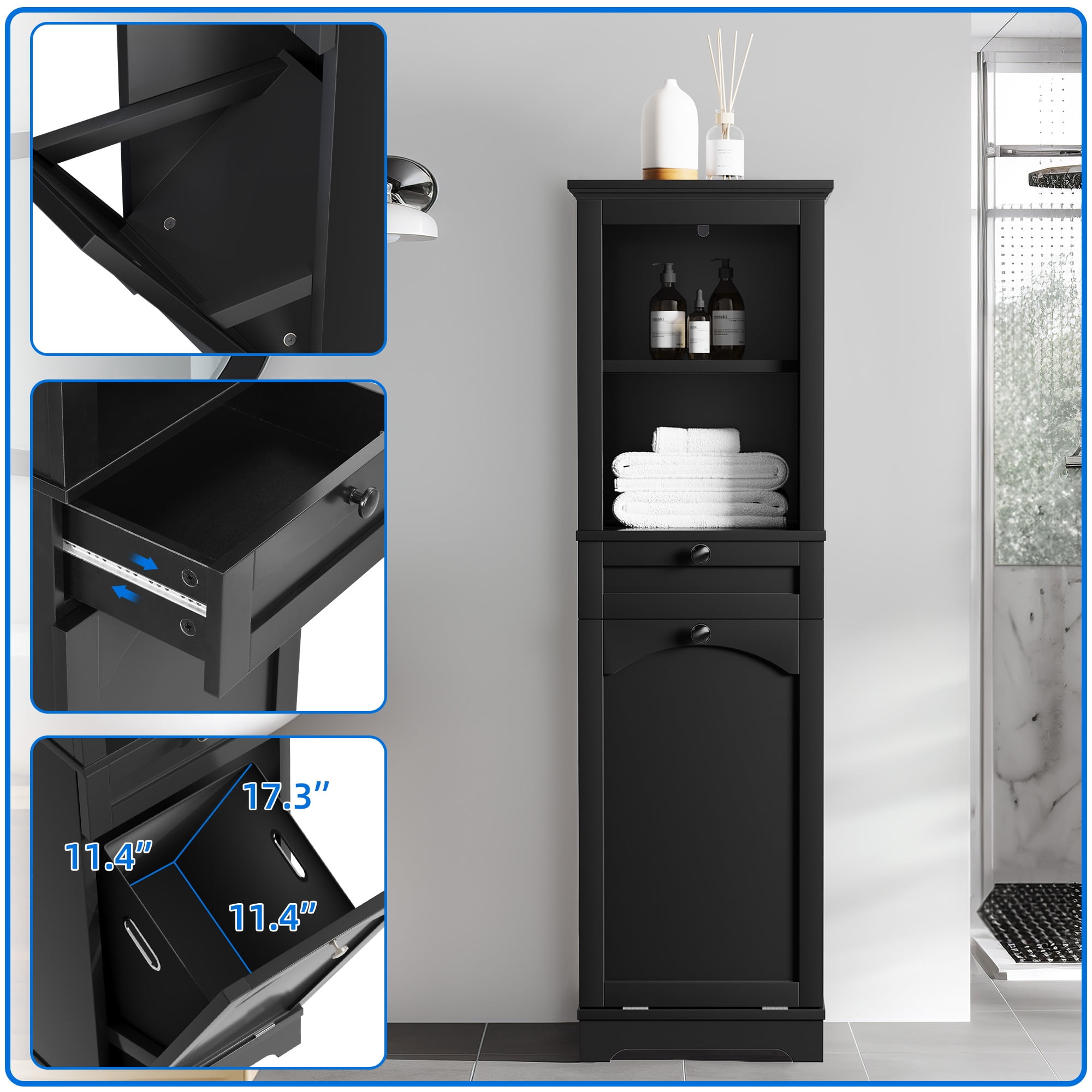 DEXTRUS 53"H Tilt Out Laundry Cabinet with Basket, Freestanding Laundry Hamper Bathroom Storage Cabinet Unit with Drawer, 2 Layer Open Shelf, Black