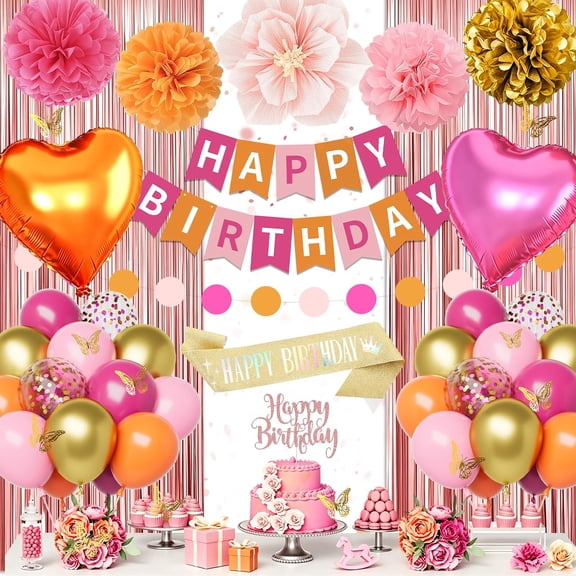 Pink and Orange Birthday Decorations, Boho Fall Party Supplies Decor with Balloon Sash Banner Paper Pom Poms Fringe Curtain