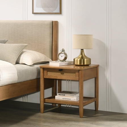 Single-Drawer Bedroom Nightstand With Shelf, Light Walnut