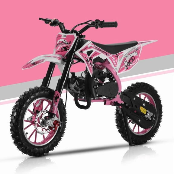 Korogimeeet Pink 49cc 2-Stroke Mini Motocross, Upgraded Frame with Rubber Chain Holster, Improved Exhaust Angle, Dual Disc Brakes, 40KM/H Fast Speed, 150kg Load, 47 x 28 Inch