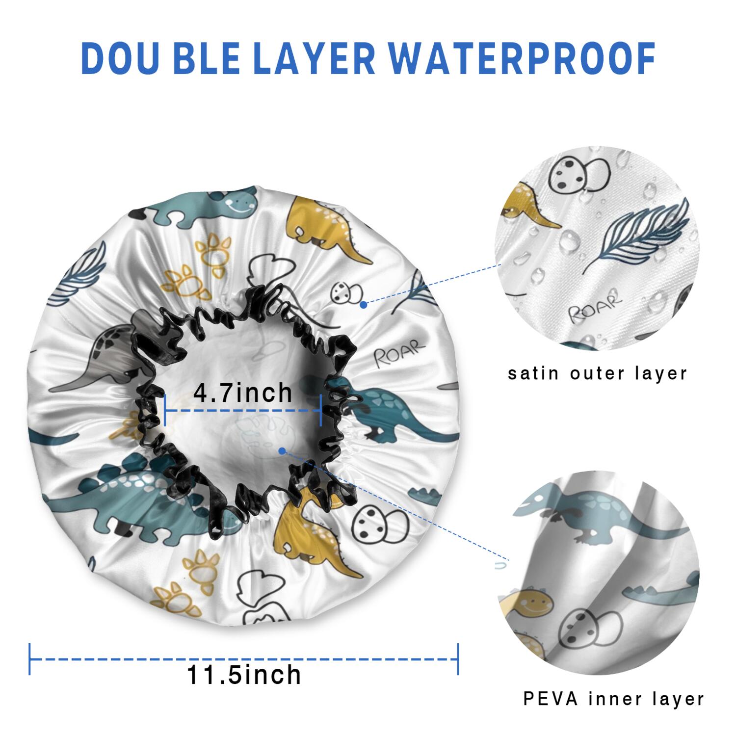 Shower Caps,Colorful Dinosaurs Eggs Leaves Pattern Waterproof Shower Cap for Women 4 Pieces,Double Reusable Hair Cover for Shower PEVA Elastic Stretch Hem
