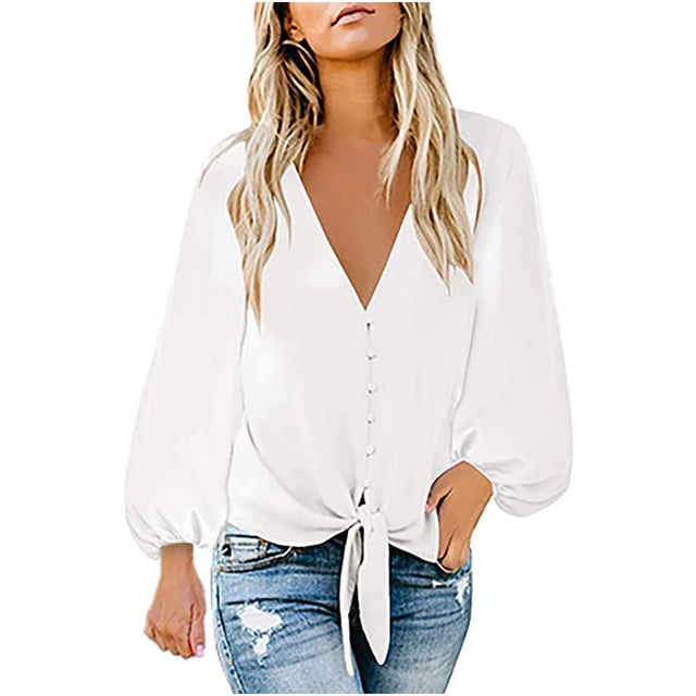 CEHVOM Mode Femmes Décontracté Couleur Unie Décontracté Col en V Boutonné Manches Longues
