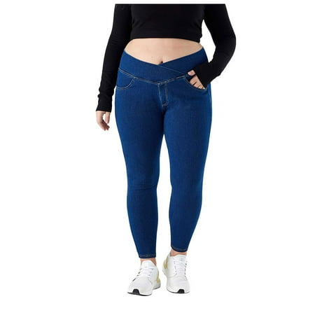 YDFCWXW Women s Plus Size Jeans Stretch Pull on Jegging Cross Over High Waist Legging Tummy Control Yoga Pants BU1 XL