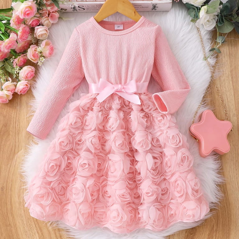 Letdown Toddler Girls Rose Applique Tutu Dress - Knit Long Sleeve Top & Tulle Skirt, Spring Fall Holiday Party Dress, Elegant Birthday & Photo Outfit
