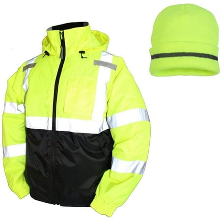 

FulnKye Bomber II Hi-Vis Lime Jacket J26112 Winter Safety with Hi-Vis Lime Winter Weather Beanie Hat (Medium)