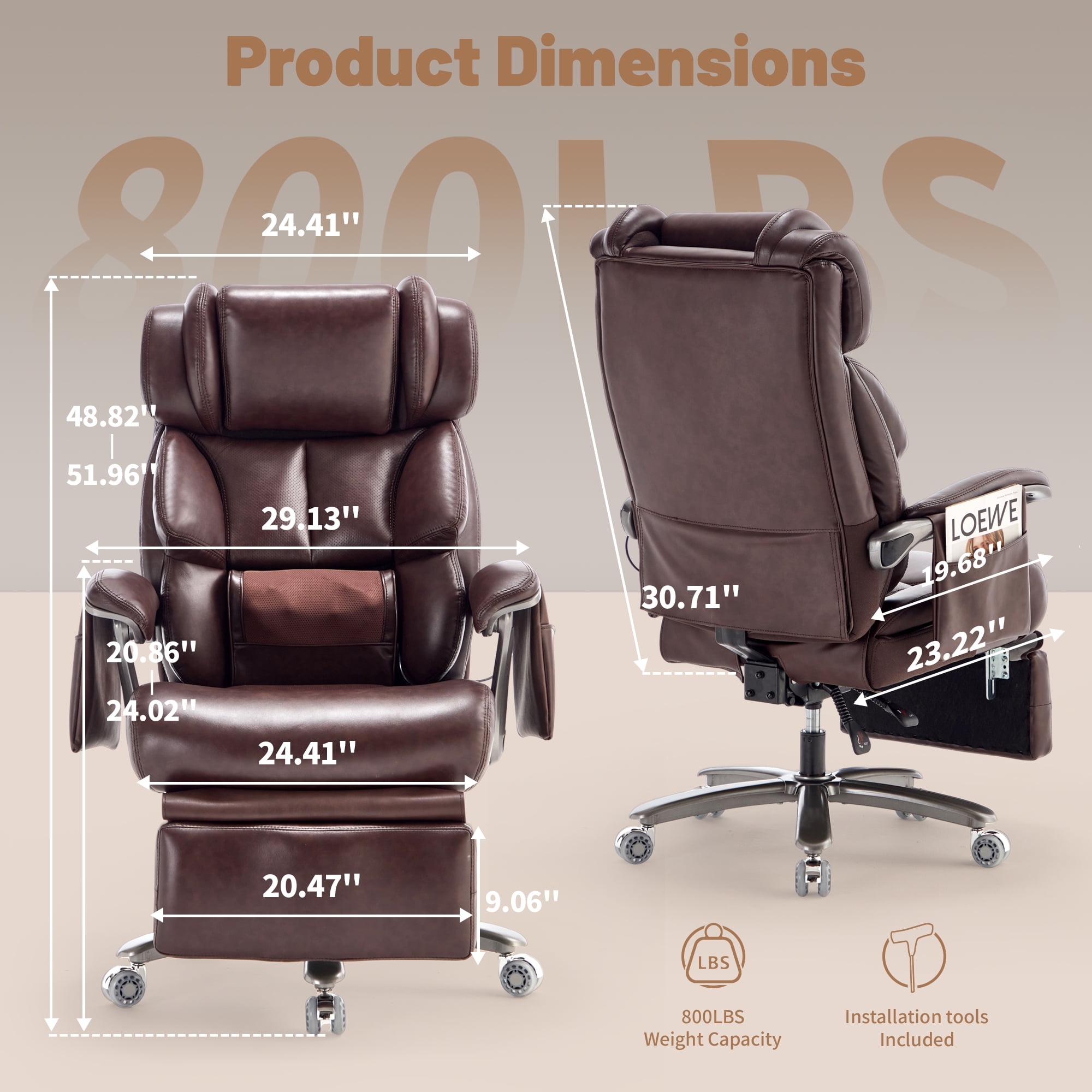 800lbs Big and Tall Massage Office Chair with Heat and Footrest, Heavy Duty Reclining Executive Desk Chair with 20-Point Massage, Extra Wide Seat Ergonomic Chair for Home Office