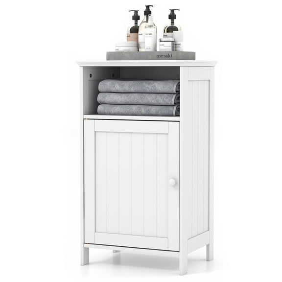 Gymax Bathroom Floor Storage Cabinet Side Table Adjustable Shelf Organize Freestanding