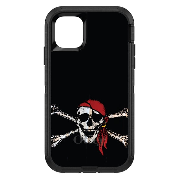 DistinctInk OtterBox Defender Custom Case for Apple iPhone 15 (6.1" Screen) - Black Red Pirate Flag - Tempered Glass Back