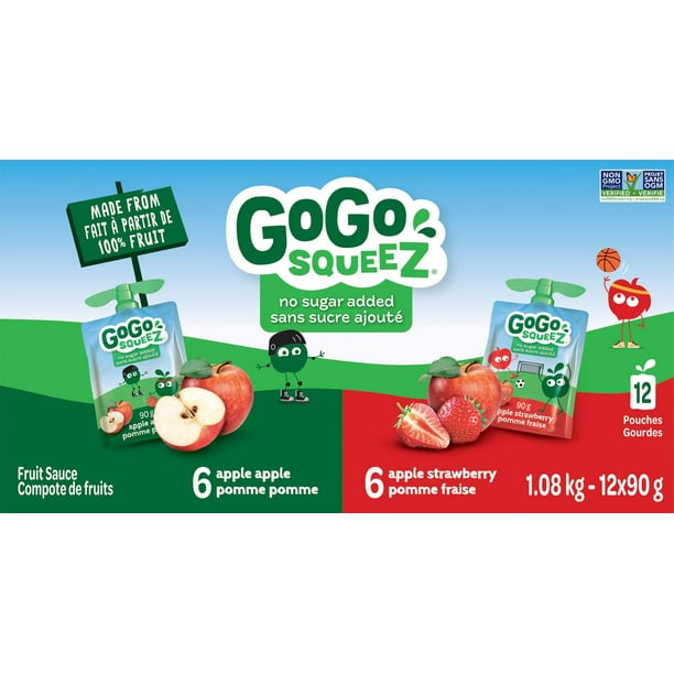 Emballage assortis de compote de fruits GoGo squeeZ , pomme, fraise, sans sucre ajouté. 90 g par gourde, emballage de 12 1,08kg