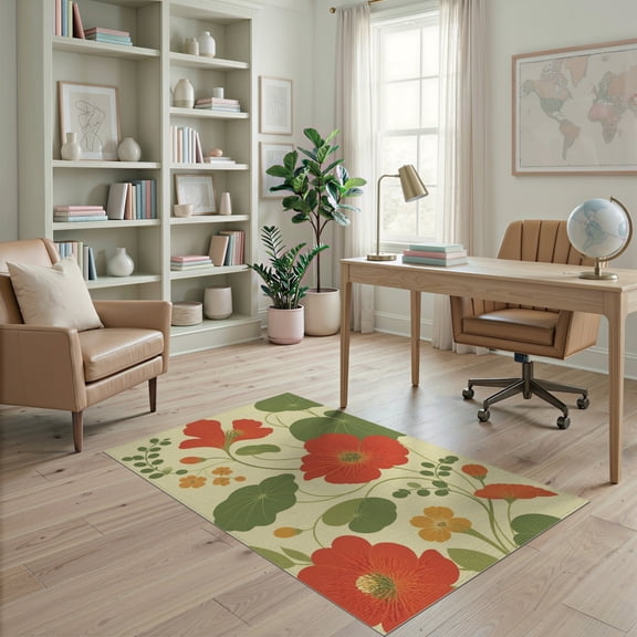 ODIKA 4'x6' Green Red Blossom Elegance Inspired by Washable Area Rug Floral Symphony with Vintage Charm and Grace Stain Resistant, Low Pile, Easy Care for Dorm Room, Small Living