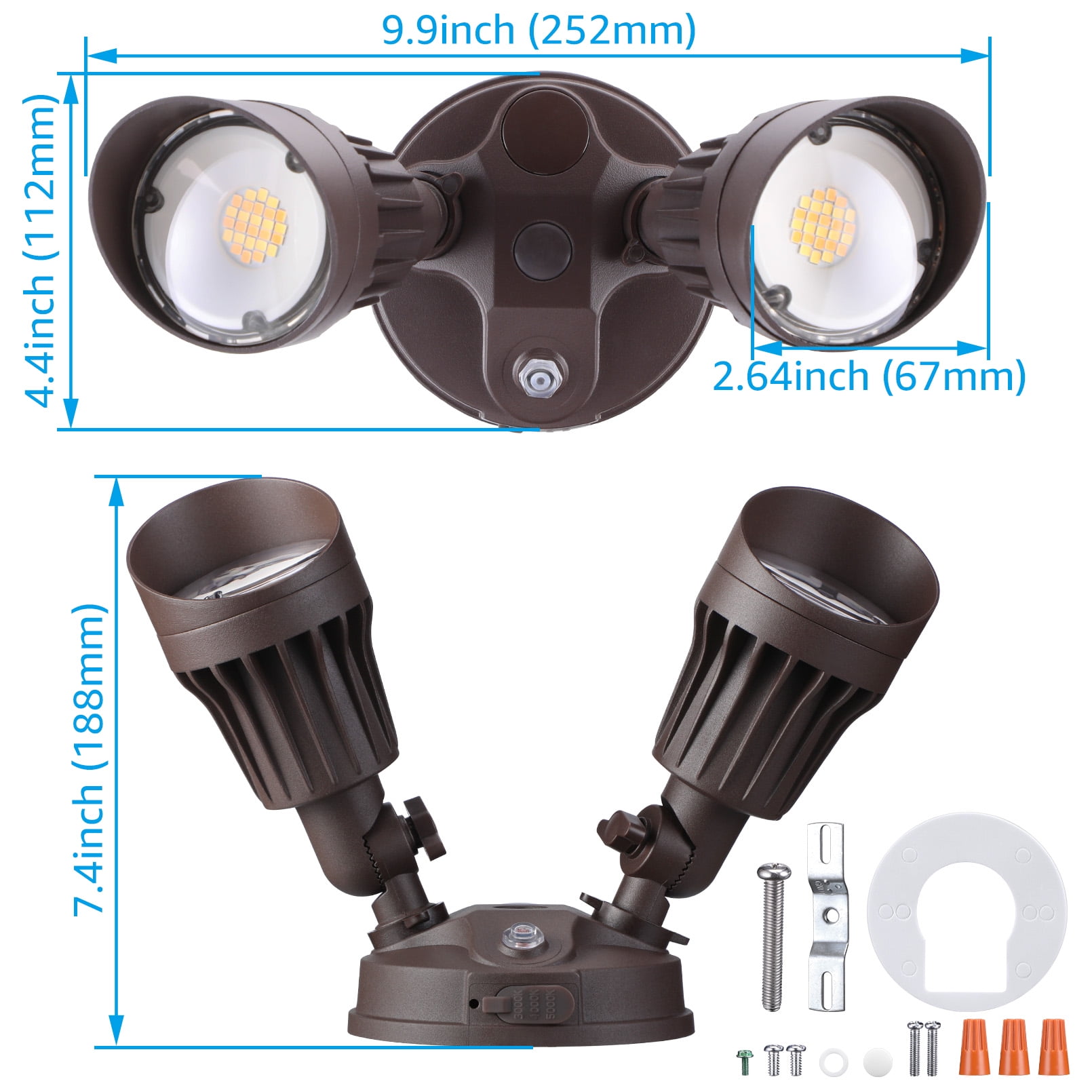 2 Pack 3CCT LED Security Light, Dusk to Dawn LED Flood Light with Photocell, 3000K/4000K/5000K Selectable, Bronze