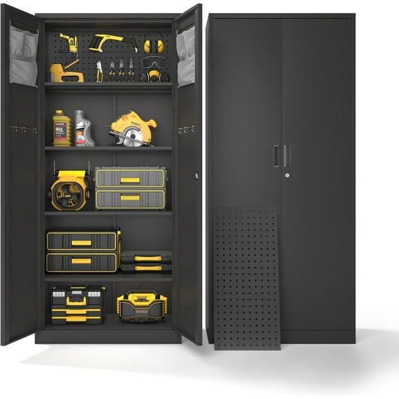 WDZS Metal Garage Storage Cabinet with with Pegboard,Black Tool Steel Cabinet with Doors and Adjustable Shelves, Tall Lockabke Garage Cabinet for Home Office, Garage, School,Pantry