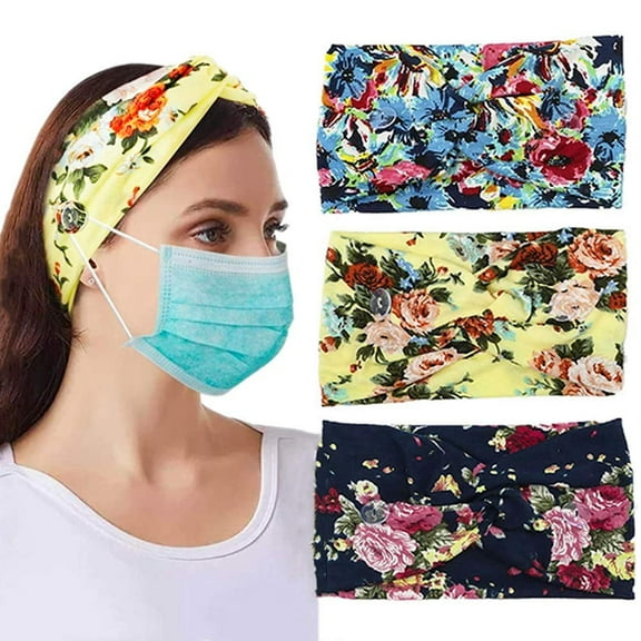 Floal Headbands for Women Headbands with Buttons for Mask Nurses Bandannas 3pcs for Head Wraps Elastic Hair Band