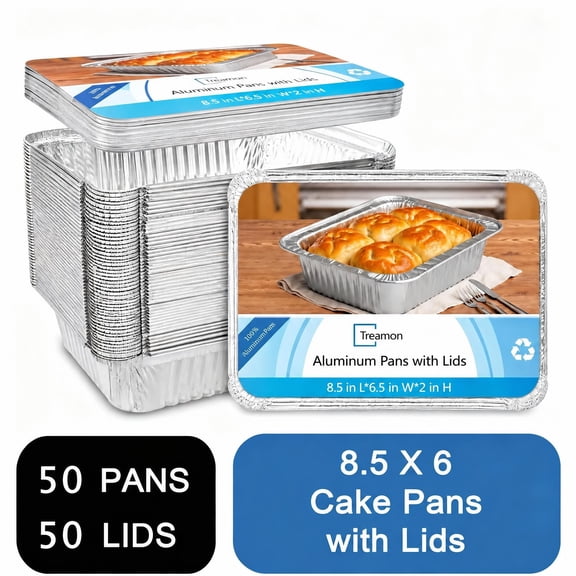 Treamon Aluminum Pans with Lids, Disposable Tin Foil Pans 8.5" x 6" 50 Count