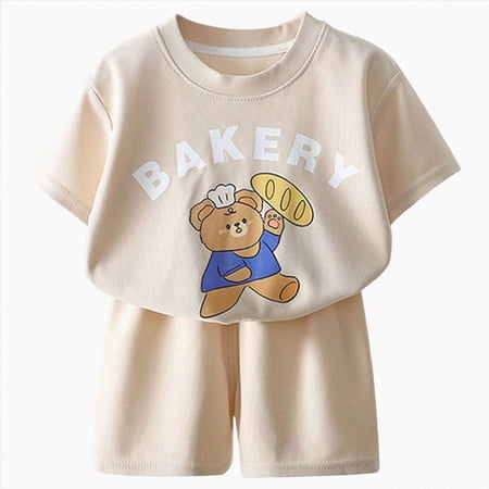 Xudanell Newborn Boy Summer Outfits Lightweight Round Neck Basic Tee Simple Shorts Two Piece Toddler Outfits For Boys Beige 3-4 Years