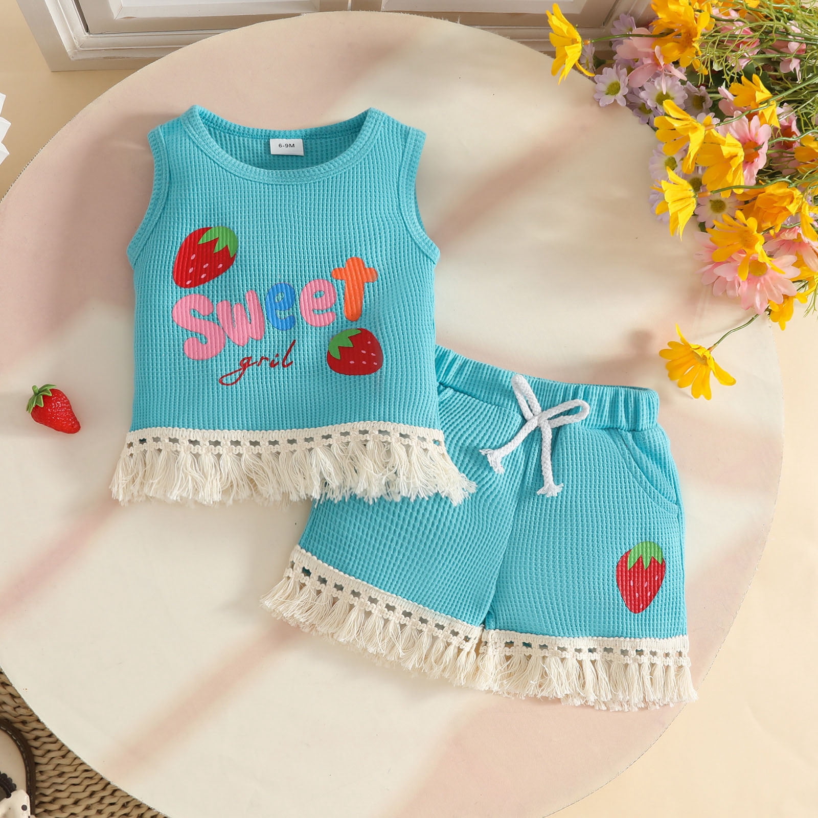 Faraee 0-3 Years Toddler Baby Girl Summer Clothes Ribbed Waffle 2 Piece Outfits Tassel Hem Tank Tops Drawstring Shorts Clothing Set Blue
