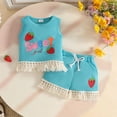 thumbnail image 2 of Faraee 0-3 Years Toddler Baby Girl Summer Clothes Ribbed Waffle 2 Piece Outfits Tassel Hem Tank Tops Drawstring Shorts Clothing Set Blue, 2 of 8