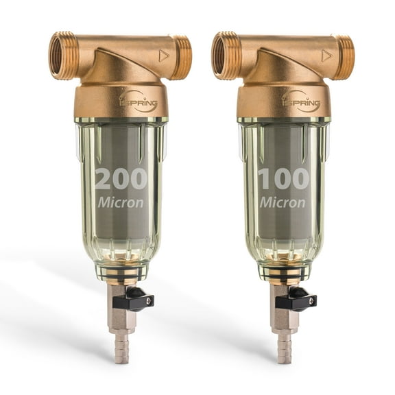 iSpring WSP2PK21 Reusable Whole House Spin Down Sediment Water Filters, Twin Pack with 200 Microns and 100 Microns Filter Sizes, Clear Housing, Lead-Free Brass