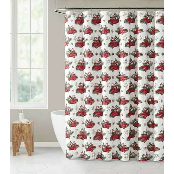Classic Red Pick Up Trucks, Evergreens & Candy Canes Mold & Mildew Resistant Metallic Sparkle Christmas Fabric Shower Curtain