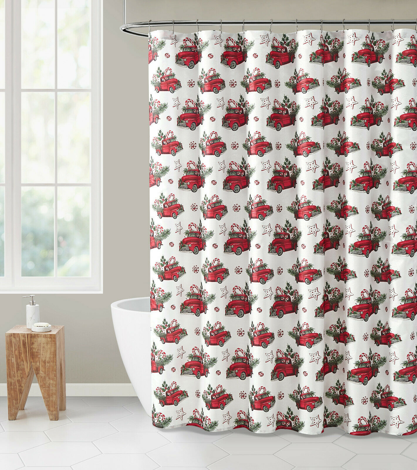 HVEST Farmhouse Christmas Shower Curtain Xmas Balls Pine Trees Snowflake Xmas Gifts Stocking on Rustic Wooden Board Winter Polyester Fabric Waterproof Bathroom Curtain with 12 Hooks 69X70Inches 