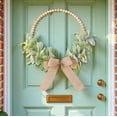 thumbnail image 2 of Wood Bead Artificial Flocked Lambs Ear Eucalyptus Leaf Front Door Wreath 12inch Mini Spring Summer Winter Porch Farmhouse Window Bohemia Home Wall Decorations Golden Bow Tie, 2 of 8