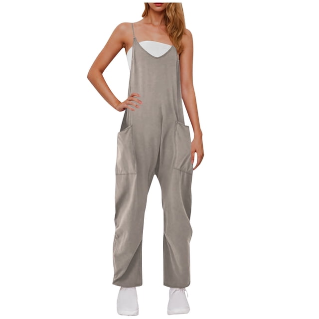 Sleeveless One Piece Jumpsuit Women's Spaghetti Strap Causal Jumpsuits Sleeveless Long Pants Rompers Going Out Outfits, Gray, S