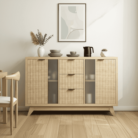 Danpinera Home Fluted Sideboard Buffet Cabinet, Natural Wood Kitchen Coffee Bar with 3 Drawers & 2 Glass Doors, Mid Century Modern Storage Console