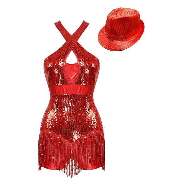 Kaerm Womens Shiny Jazz Latin Dance Costume Sparkly Tassel Dance Leotard Bodysuit with Sequined Hat Red L