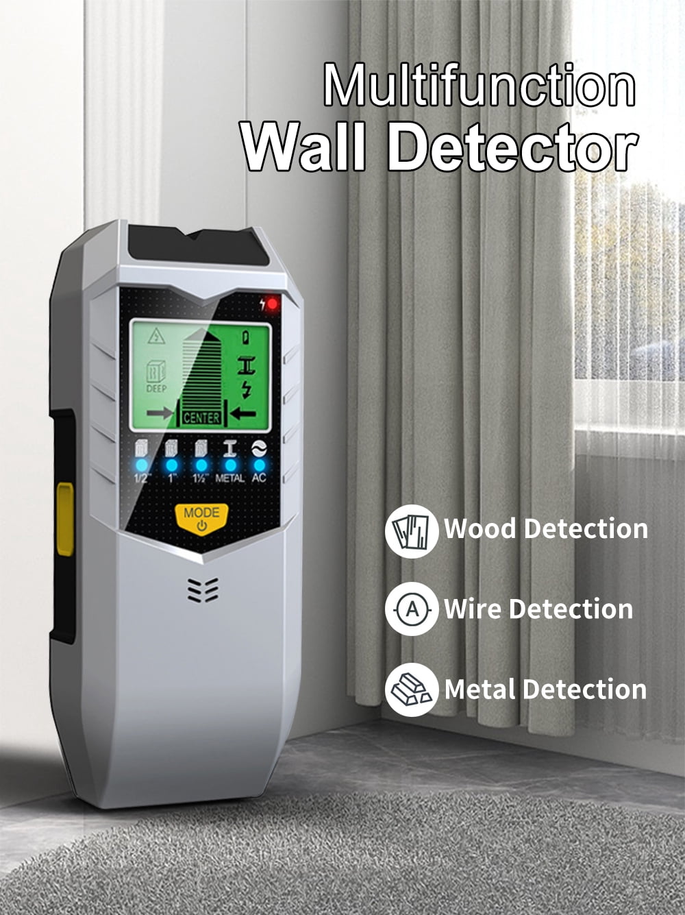 Stud Finder Wall Scanner, 5 in 1 Stud Detector with HD LCD Display for Center and Edge of Wood Metal AC Wire Detection - Silver