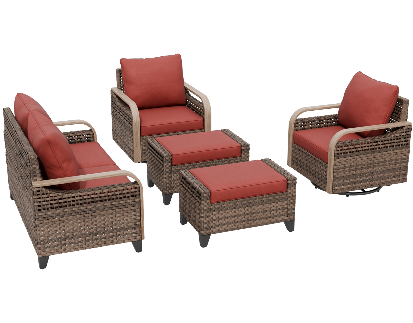 COOS BAY 5 Piece Brown Wicker Patio Sofa Set Outdoor Rattan Furniture Conversation Set Loveseat, Swivel Glider Chairs and Ottomans with Red Cushions