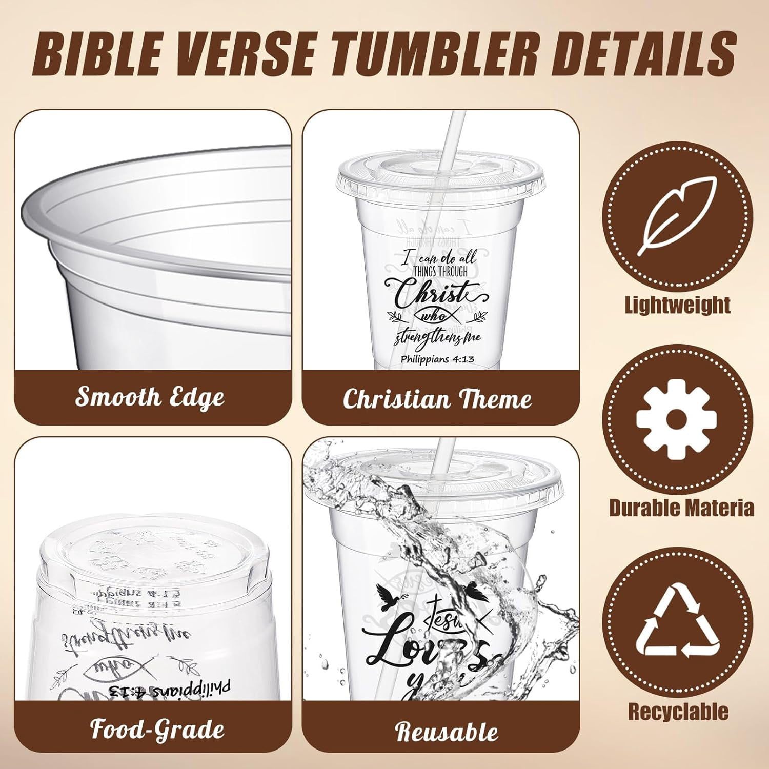 48 Pcs 12oz Inspirational Christian Gift Bible Verse Plastic Cups Bulk with Lids and Straws Religious Christian Disposable Cups for Church Party Favor Sunday School Church Baptism
