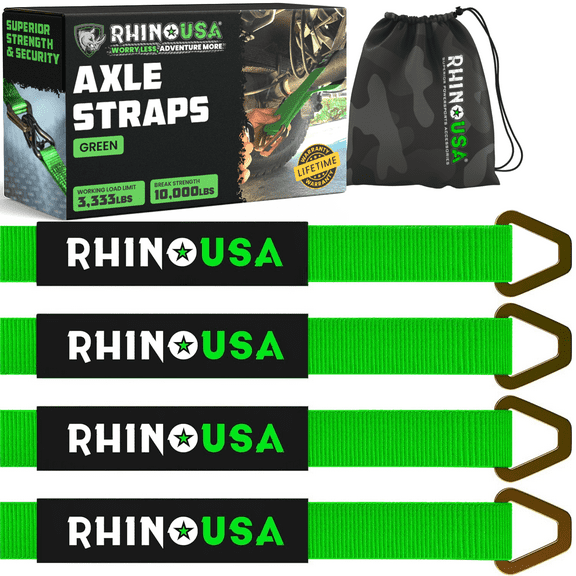 Rhino USA Axle Tie Down Straps - 11,128lb Break Strength - Protective Sleeve & D Ring (Green 4 Pack)