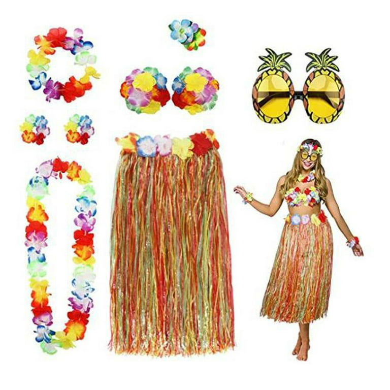 Toma 8 PCS Fancy Dress Hula Skirt Costume Hawaiian Grass Skirt Dancer Dress  Set with Sunglasses and Ring Party Skirts for Adult Kids