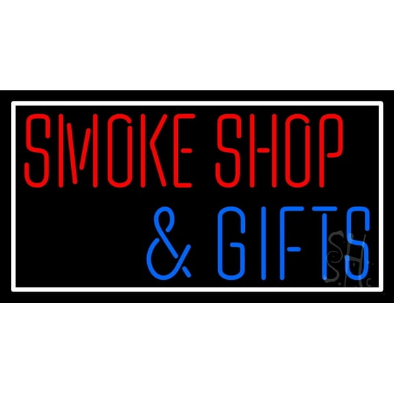 Smoke Shop And Gifts With Border LED Neon Sign 13" Tall x 24" Wide - inches, Black Square Cut Acrylic Backing, with Dimmer - Premium built indoor Sign for Storefront, Store interior.