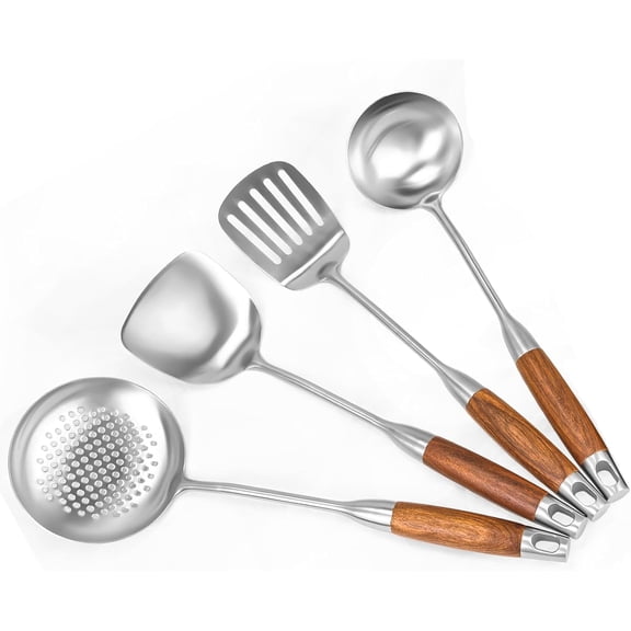 18/10 Stainless Steel Kitchen Utensils Set 4 Pcs Cooking Utensil with Wood Handle, 15” Long Handle Spatula, Soup spoon, Leaking shovel, Kitchen Tools Set (Wood handle - 4 Piece), 2pack