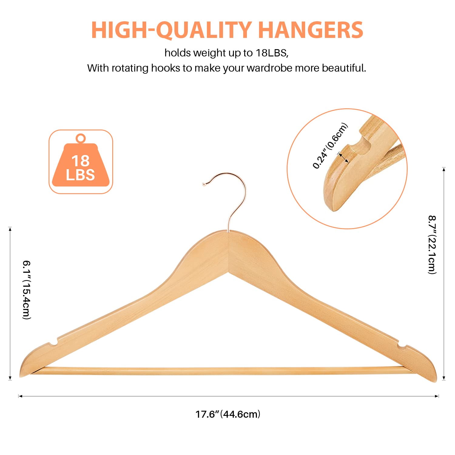 ACSTEP Wooden Hangers 20 Pack, Heavy Duty Wood Pants Skirt Suit Shirt Clothes Hangers with 360° Swivel Hooks, Natural